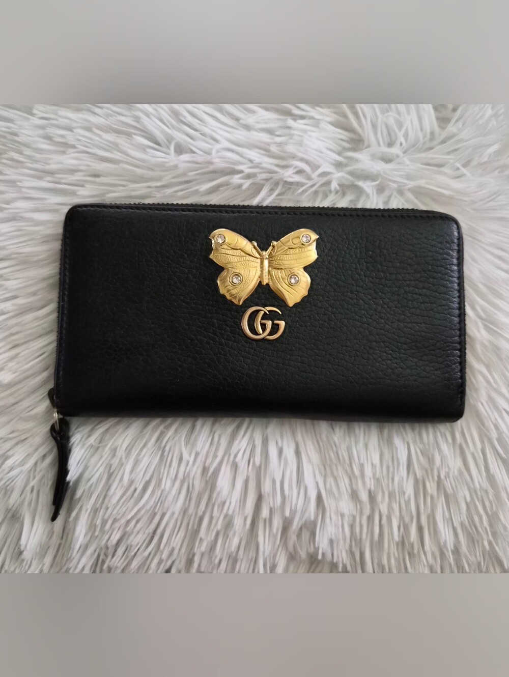 Gucci Black Leather Zip Wallet with Gold Butterfly and GG Emblem